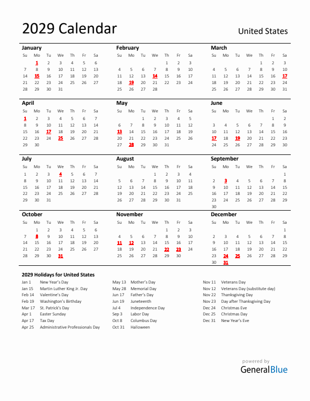 Standard Holiday Calendar for 2029 with United States Holidays 