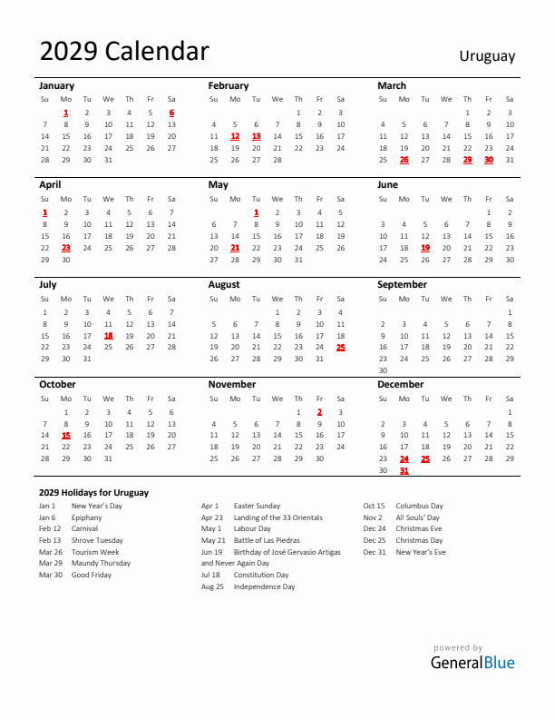Standard Holiday Calendar for 2029 with Uruguay Holidays 