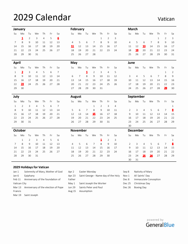Standard Holiday Calendar for 2029 with Vatican Holidays 
