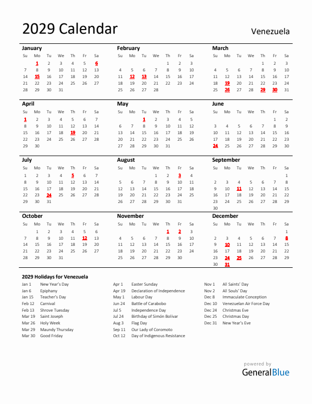 Standard Holiday Calendar for 2029 with Venezuela Holidays 