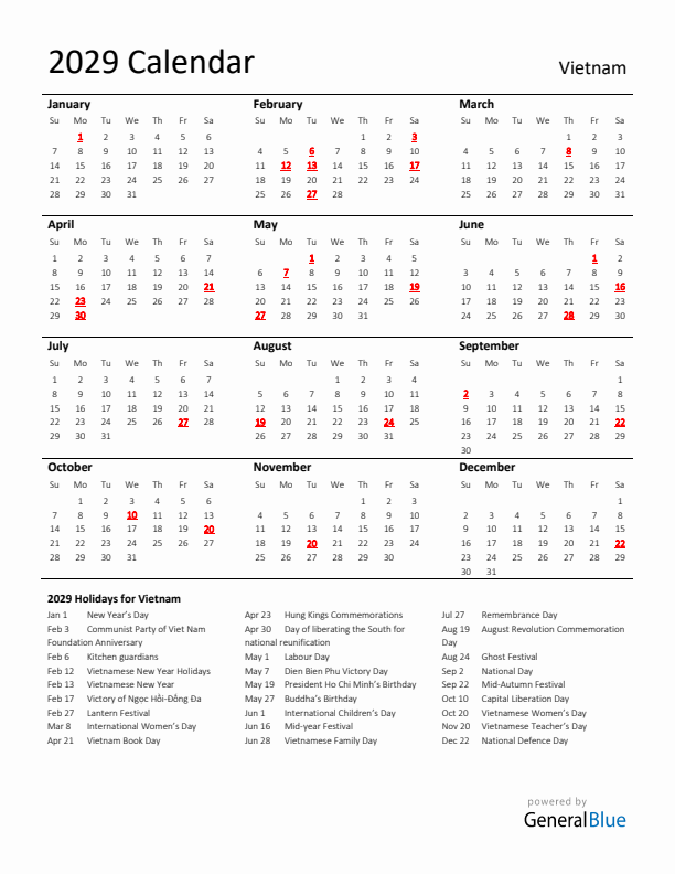 Standard Holiday Calendar for 2029 with Vietnam Holidays 