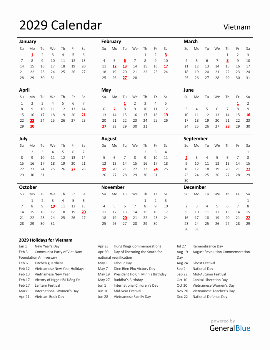 Standard Holiday Calendar for 2029 with Vietnam Holidays