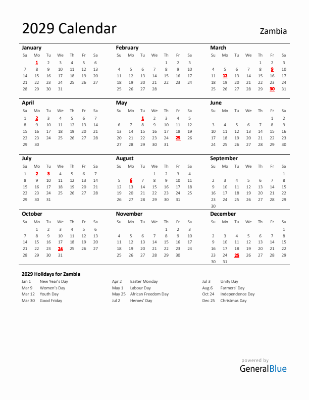 Standard Holiday Calendar for 2029 with Zambia Holidays 