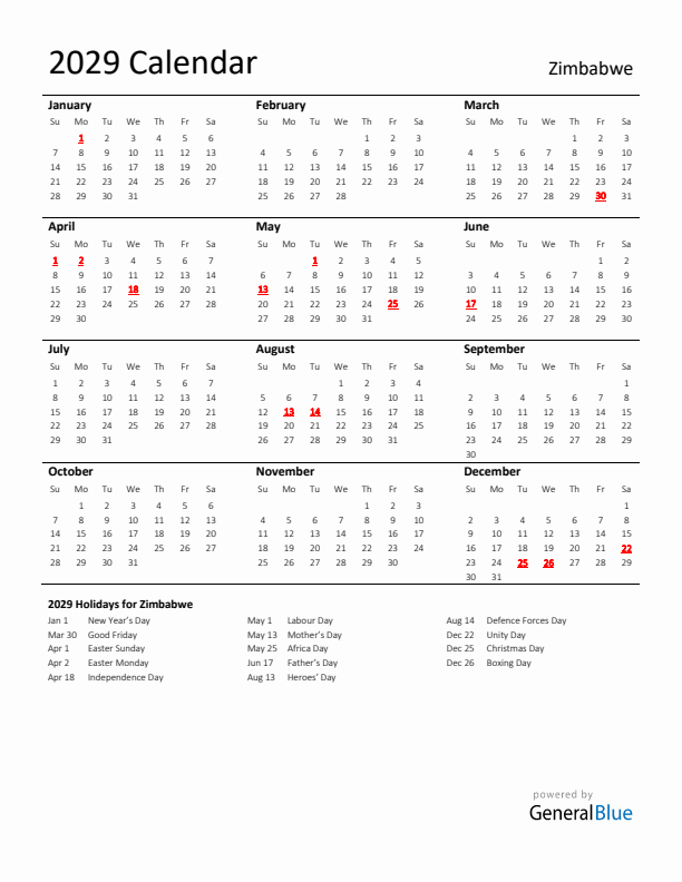 Standard Holiday Calendar for 2029 with Zimbabwe Holidays 