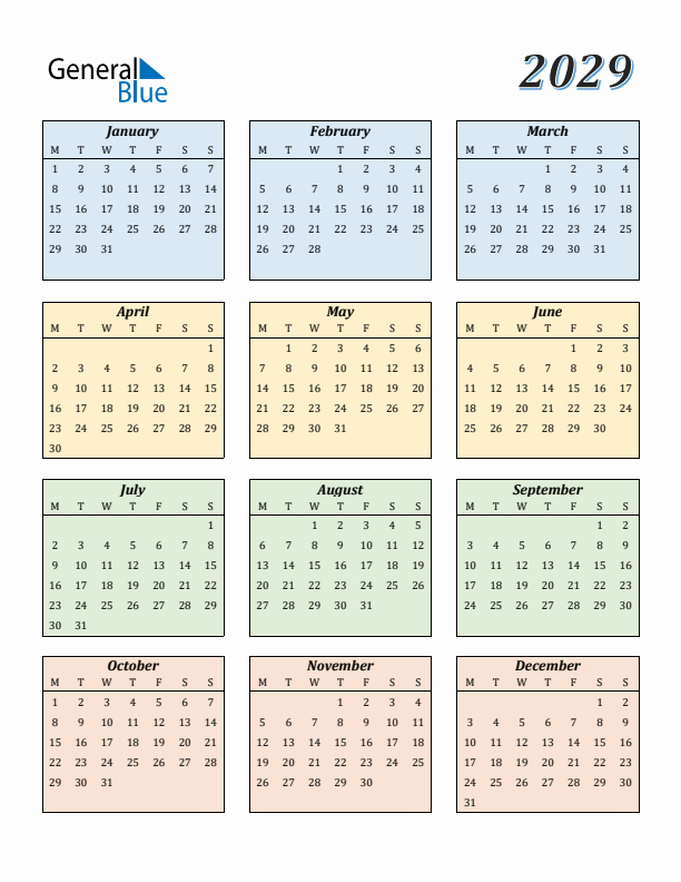Calendar for 2029 (Monday Start)