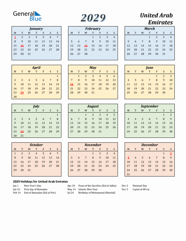 United Arab Emirates Calendar 2029 with Monday Start