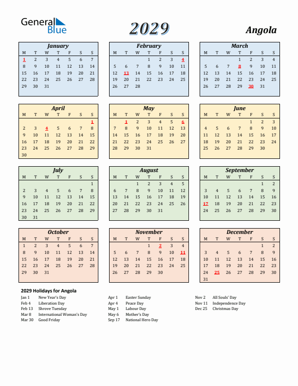 Angola Calendar 2029 with Monday Start