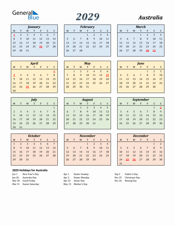 Australia Calendar 2029 with Monday Start