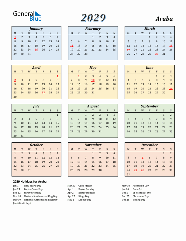 Aruba Calendar 2029 with Monday Start