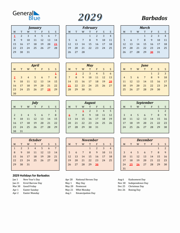 Barbados Calendar 2029 with Monday Start
