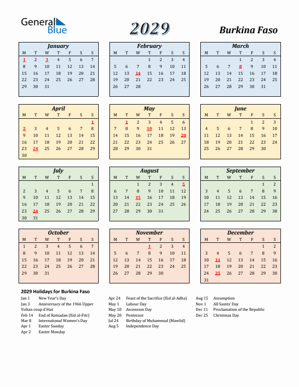 Burkina Faso Calendar 2029 with Monday Start