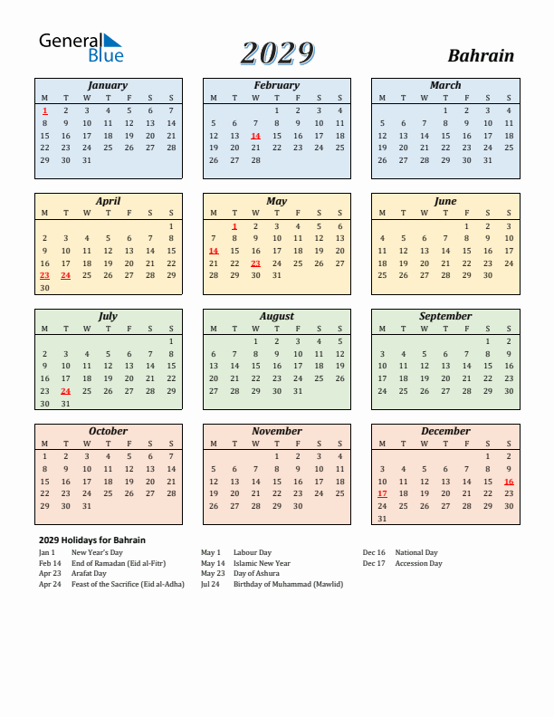 Bahrain Calendar 2029 with Monday Start