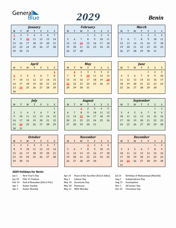 Benin Calendar 2029 with Monday Start