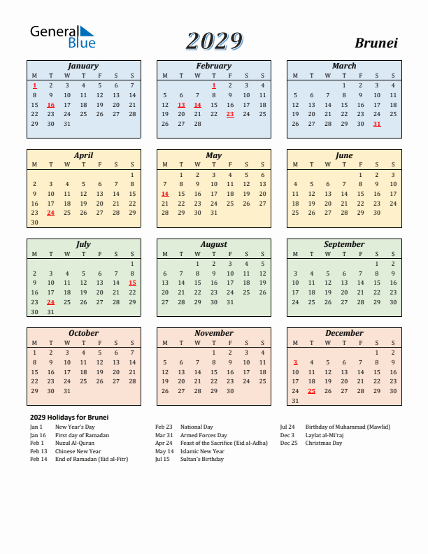 Brunei Calendar 2029 with Monday Start