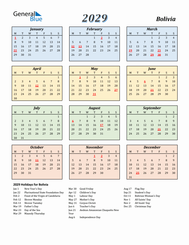 Bolivia Calendar 2029 with Monday Start