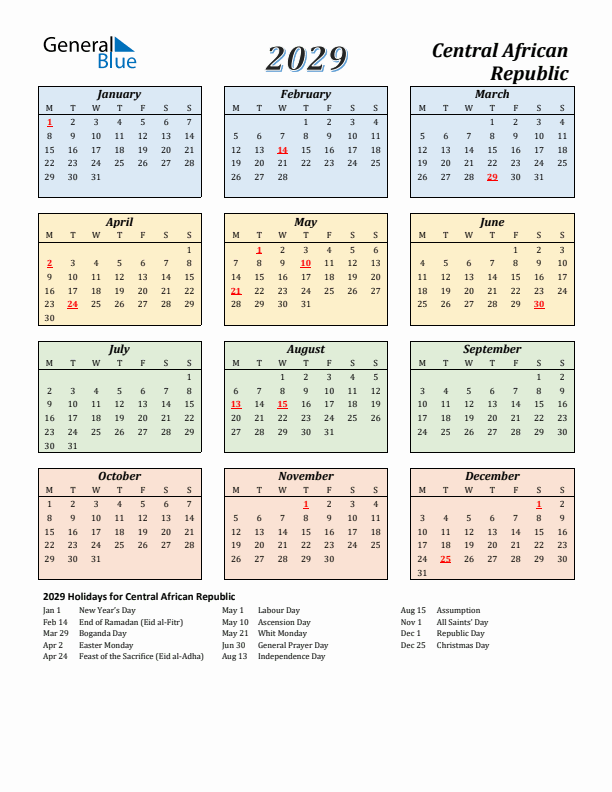Central African Republic Calendar 2029 with Monday Start