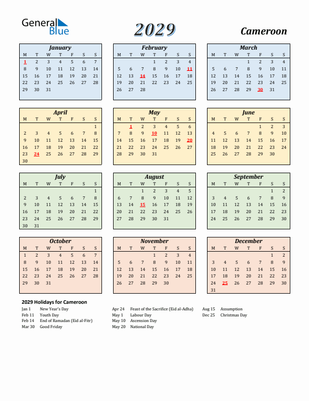 Cameroon Calendar 2029 with Monday Start