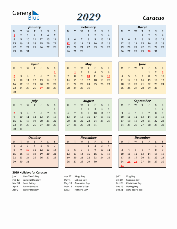 Curacao Calendar 2029 with Monday Start