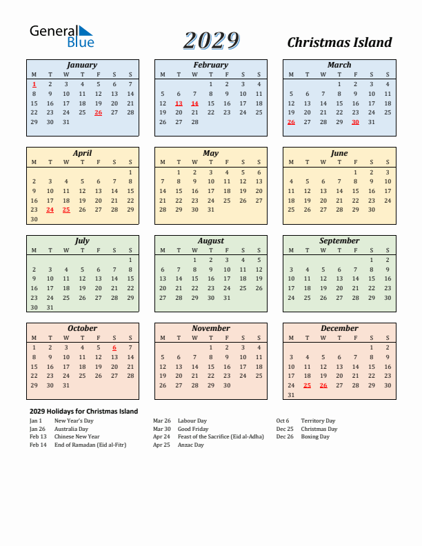 Christmas Island Calendar 2029 with Monday Start