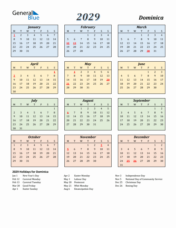 Dominica Calendar 2029 with Monday Start