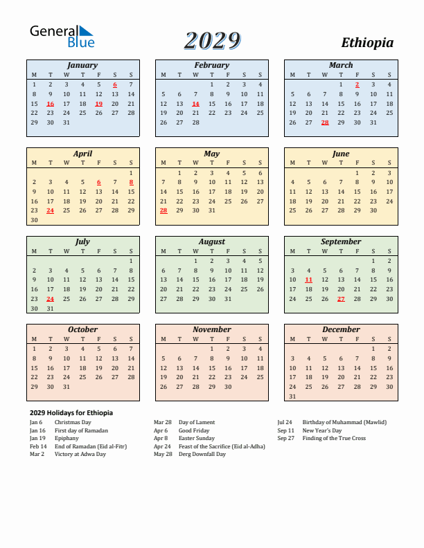 Ethiopia Calendar 2029 with Monday Start