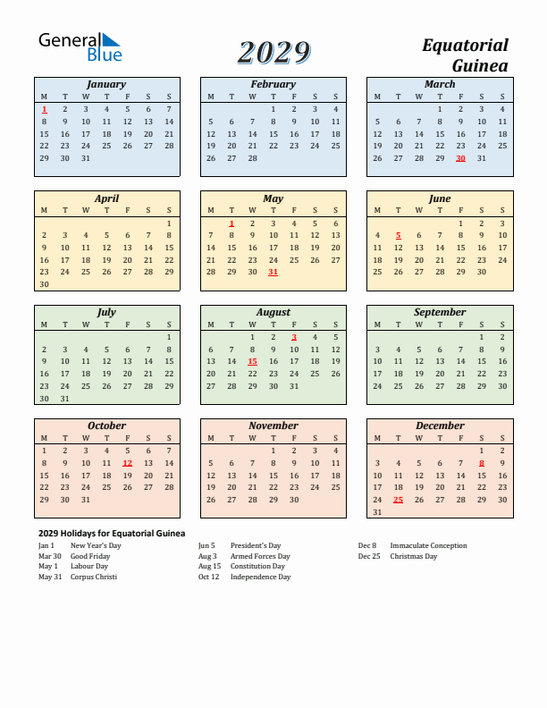 Equatorial Guinea Calendar 2029 with Monday Start
