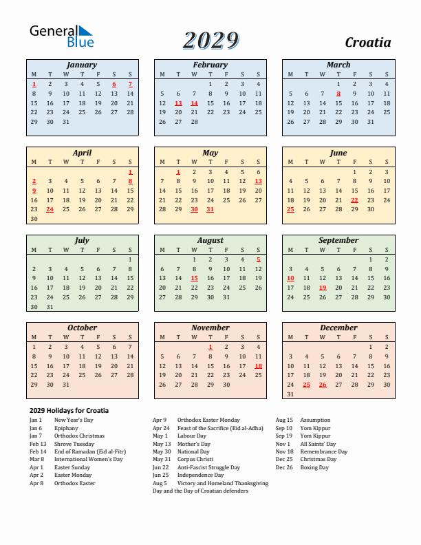 Croatia Calendar 2029 with Monday Start