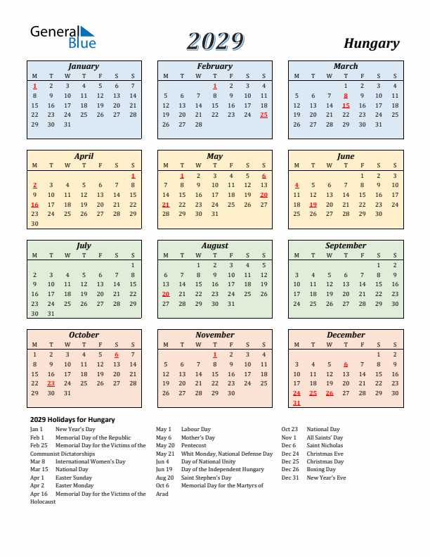 Hungary Calendar 2029 with Monday Start