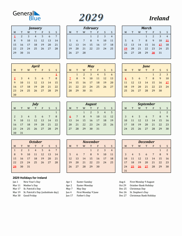 Ireland Calendar 2029 with Monday Start