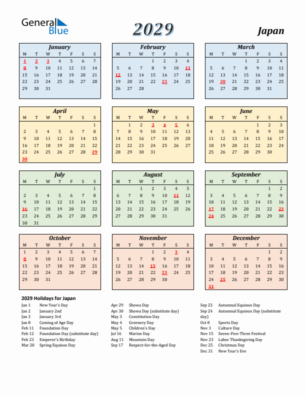 Japan Calendar 2029 with Monday Start