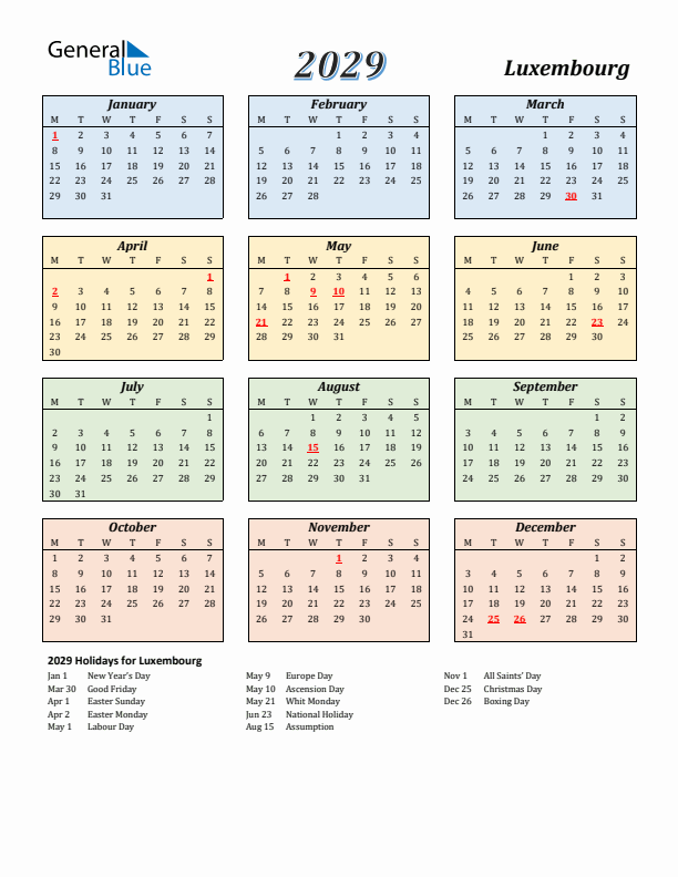 Luxembourg Calendar 2029 with Monday Start