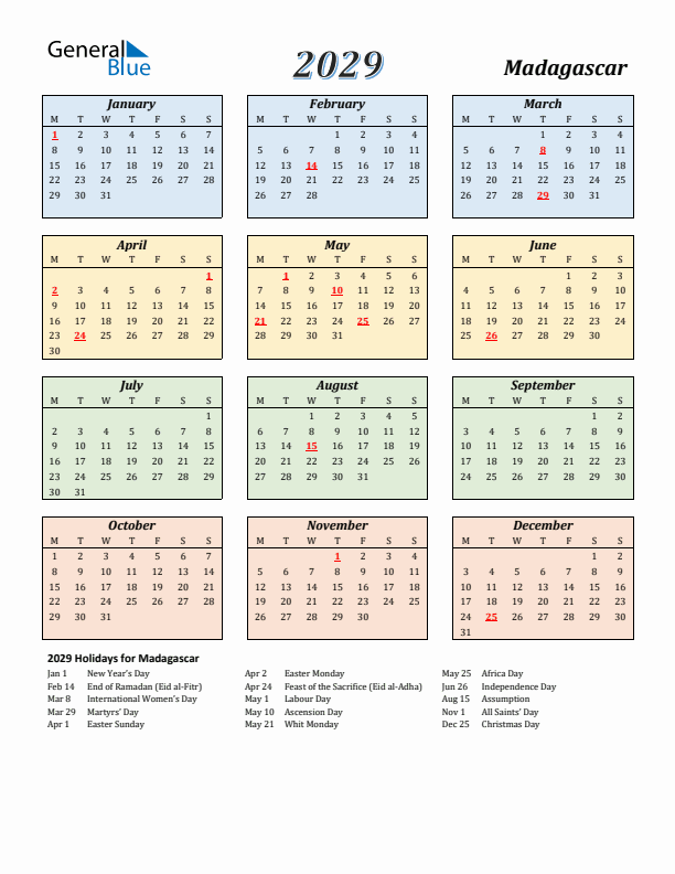 Madagascar Calendar 2029 with Monday Start
