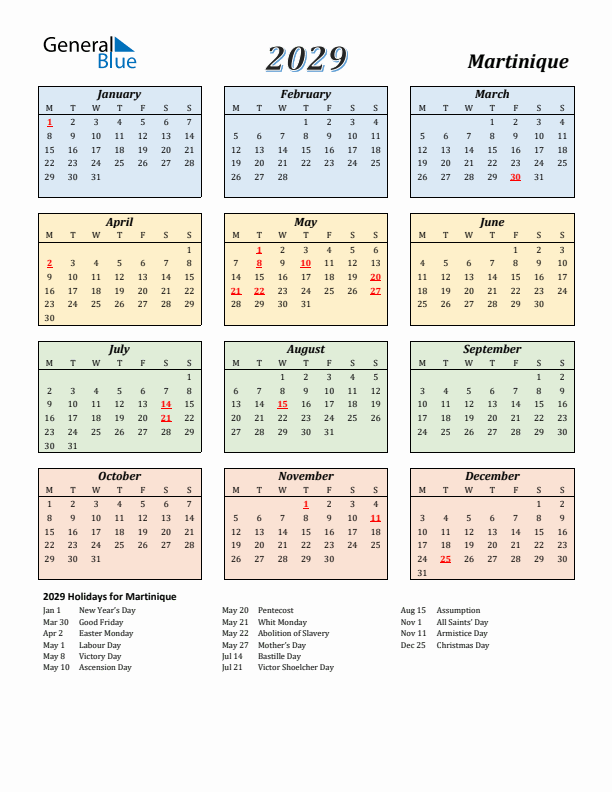 Martinique Calendar 2029 with Monday Start