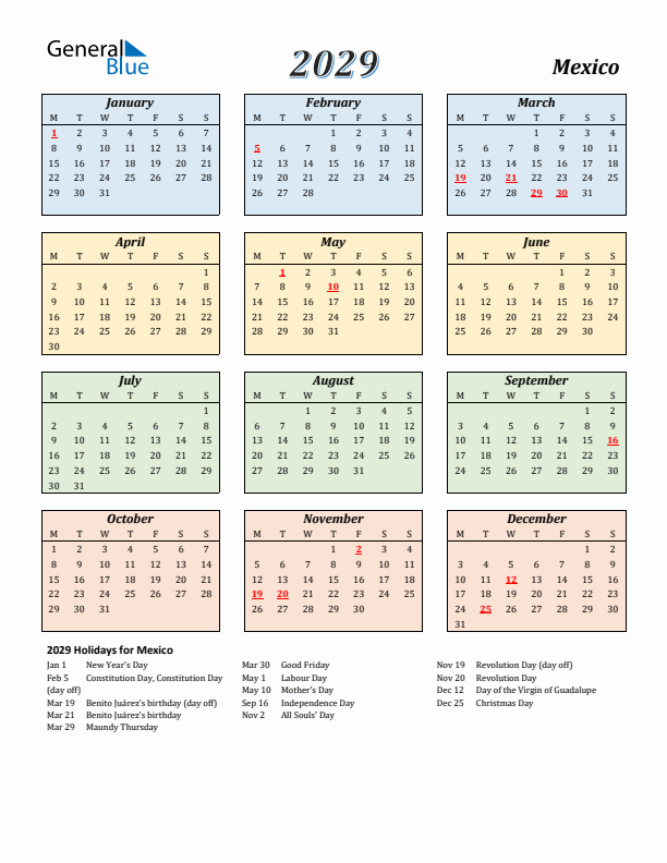 Mexico Calendar 2029 with Monday Start