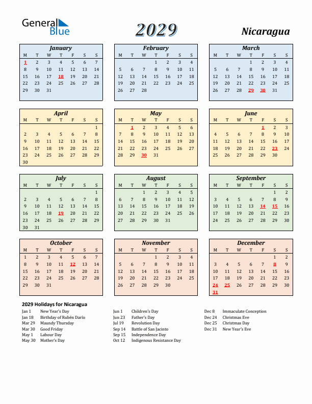 Nicaragua Calendar 2029 with Monday Start
