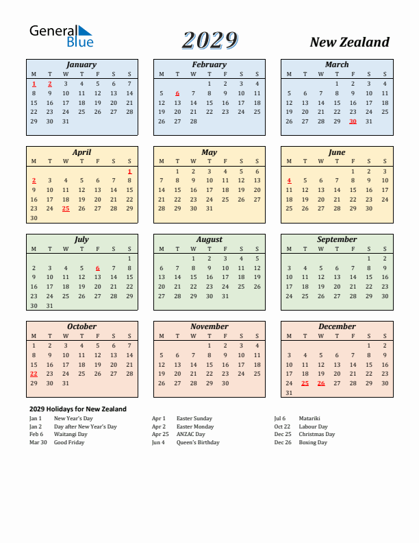 New Zealand Calendar 2029 with Monday Start