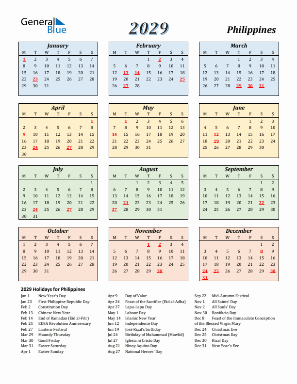 Philippines Calendar 2029 with Monday Start