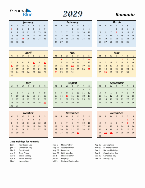 Romania Calendar 2029 with Monday Start