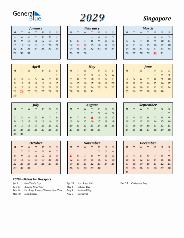 Singapore Calendar 2029 with Monday Start