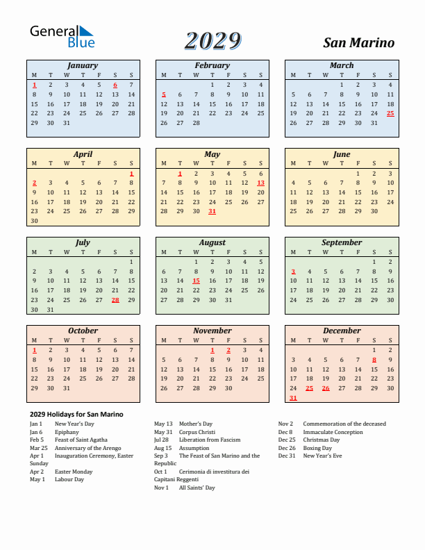San Marino Calendar 2029 with Monday Start