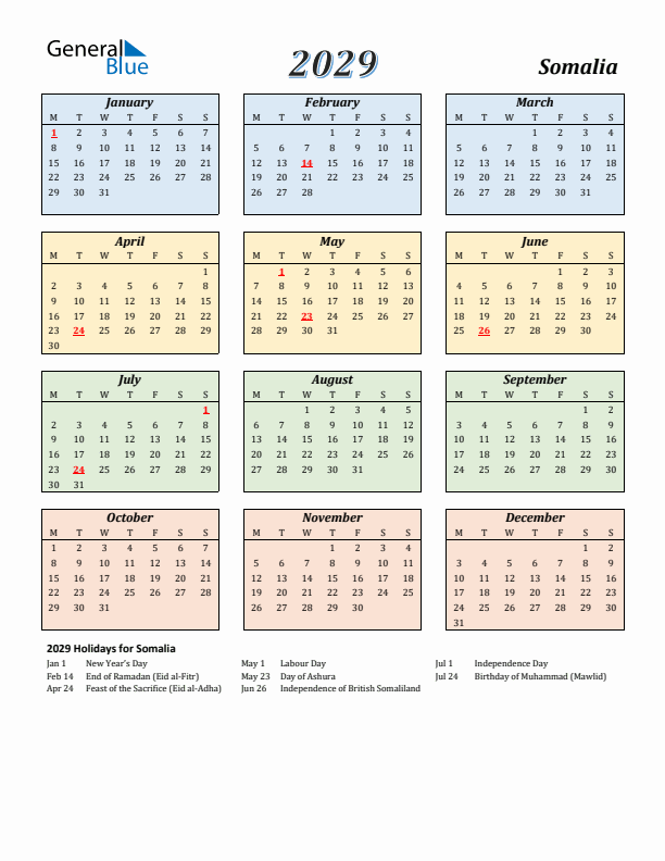 Somalia Calendar 2029 with Monday Start