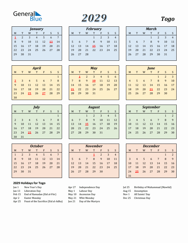 Togo Calendar 2029 with Monday Start