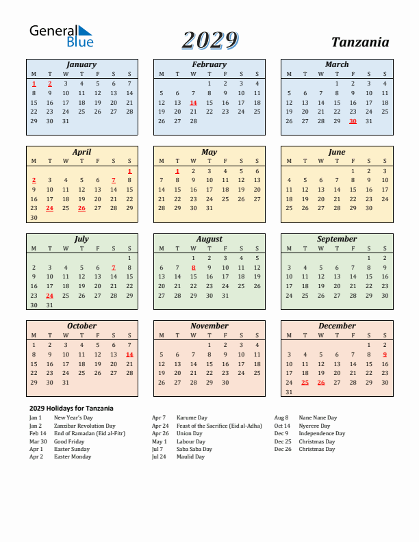 Tanzania Calendar 2029 with Monday Start