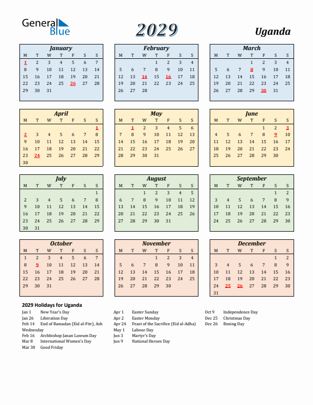 Uganda Calendar 2029 with Monday Start