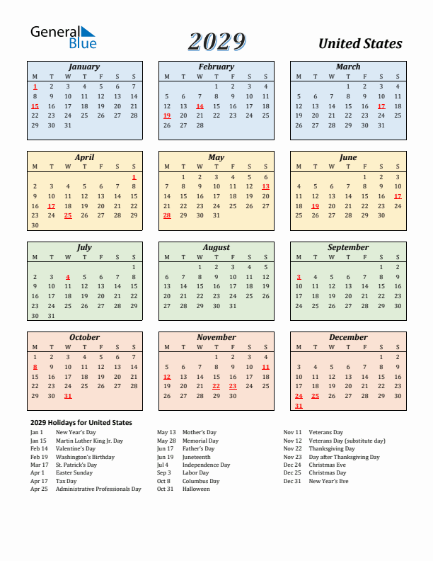 United States Calendar 2029 with Monday Start