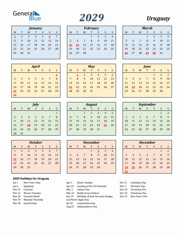 Uruguay Calendar 2029 with Monday Start