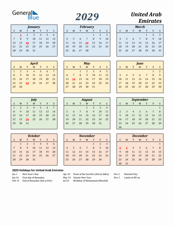 United Arab Emirates Calendar 2029 with Sunday Start