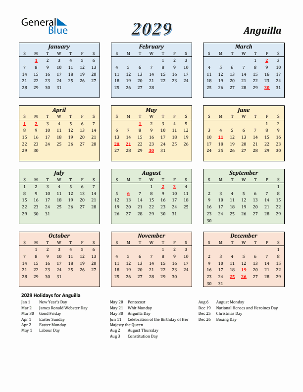 Anguilla Calendar 2029 with Sunday Start