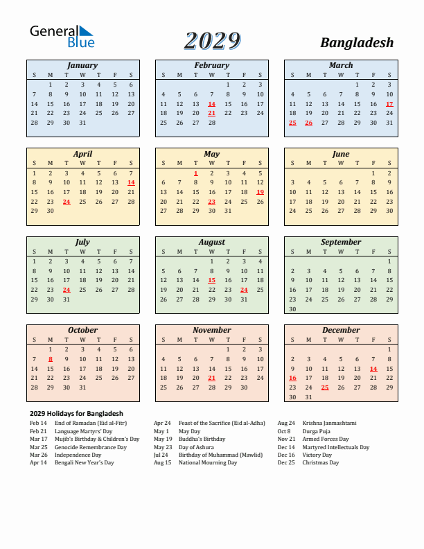 Bangladesh Calendar 2029 with Sunday Start