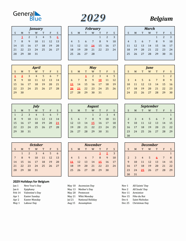 Belgium Calendar 2029 with Sunday Start
